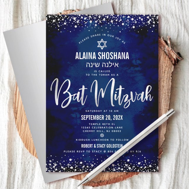 Convite Bat Mitzvah Modern Marinho Silver Foil Glitter Scr (Criador carregado)