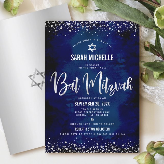 Convite Bat Mitzvah Modern Marinho Silver Foil Script Glit (Criador carregado)