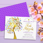 Convite Bat Mitzvah Modern Purple Gold Tree da Vida<br><div class="desc">Tenha orgulho, alegria e mostre este marco do seu Bat Mitzvah favorito! Esta folha de ouro falso gráfica com tartaruga cintilante, teal, roxo e azul Estrela de David e "folhas" de ponto em fundo branco é o convite perfeito para esta ocasião especial. Uma pequena estrela roxa escura de padrão David...</div>