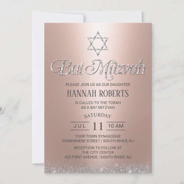 Convite Bat Mitzvah Modern Rosa Dourada Tipografia Esponta (Frente)