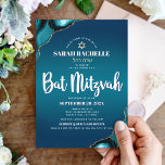 Convite Bat Mitzvah Modern Turquoise Agate Script<br><div class="desc">Tenha orgulho, alegria e mostre este marco do seu Bat Mitzvah favorito! Envie este convite legal, único, moderno, personalizado, com nome hebraico para um evento que se lembre. A tipografia da escrita branca e uma estrela dourada falsa de David sobrepõem um fundo azul-azul-turquesa profundo com agato azul-turquesa acentuado com veias...</div>
