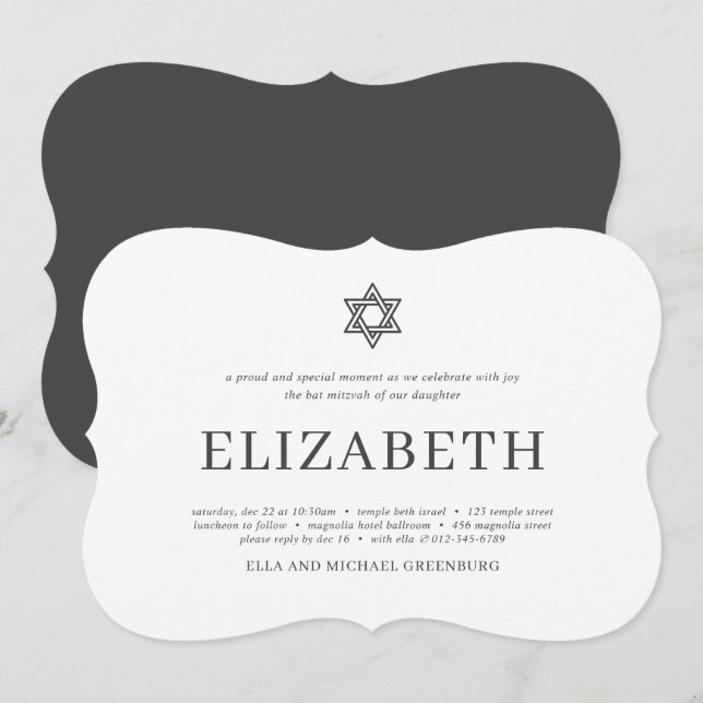 Convite Bat Mitzvah Modern Typografia (Frente/Verso)