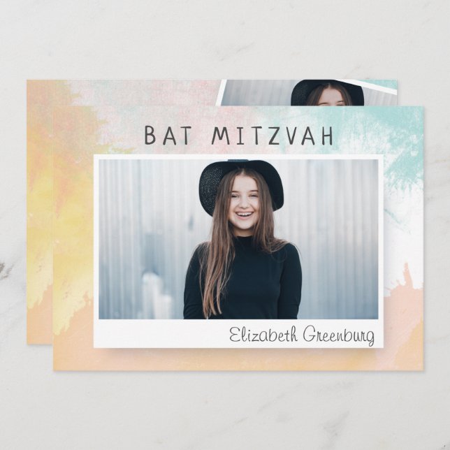 Convite Bat Mitzvah Modern Watercolor Abstrato (Frente/Verso)