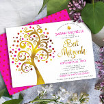 Convite Bat Mitzvah moderna, cor-de-rosa, árvore de folhas<br><div class="desc">Tenha orgulho, alegria e mostre este marco do seu Bat Mitzvah favorito! Esta falso folha de ouro gráfica com cor-de-rosa cintilante, laranja e Estrela vermelha de David e "folhas" de ponto em fundo branco é o convite perfeito para esta ocasião especial. Uma pequena estrela vermelha escura do padrão David sobre...</div>