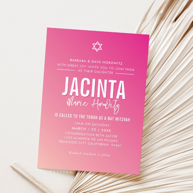Convite BAT MITZVAH - moderna estrela fuschia gradiente ro (Criador carregado)
