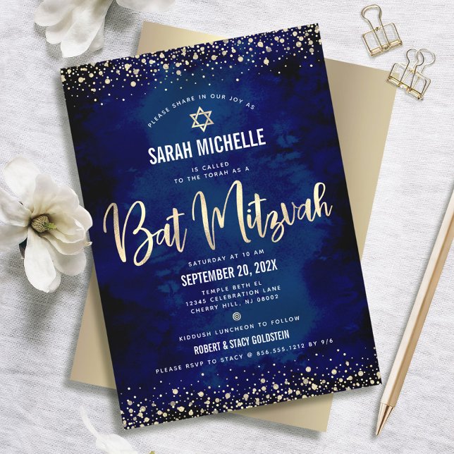Convite Bat Mitzvah Moderno Azul Marinho Dourado Glitter F (Criador carregado)