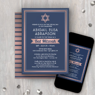 Convite Bat Mitzvah Moderno Azul Marinho Rosa Dourado Tend