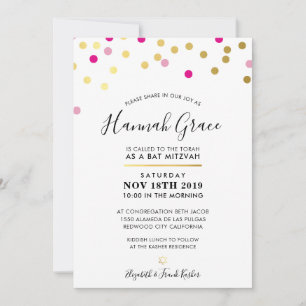 Convite BAT MITZVAH moderno confetti spots dourados cor-de