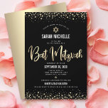 Convite Bat Mitzvah Moderno Dourado Preto Brilho Folha de<br><div class="desc">Sinta orgulho, regozije-se e exiba este marco da sua Bat Mitzvah favorita! Envie este convite impressionante, moderno, sofisticado e personalizado para um evento inesquecível. Caligrafia em grafismo de folha de ouro falso, Estrela de Davi e confetes sobrepõem um fundo preto rico e dramático. Uma Estrela de Davi de ouro falso...</div>