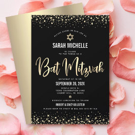 Convite Bat Mitzvah Moderno Dourado Preto Brilho Folha de 