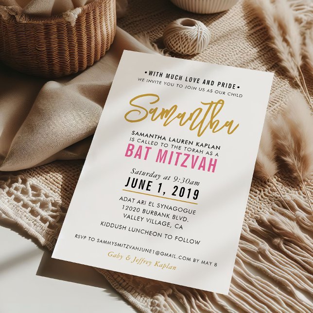 Convite BAT MITZVAH - moderno script bonito cor-de-rosa (Criador carregado)