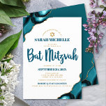 Convite Bat Mitzvah Moderno Simples Turquesa Ágata Script<br><div class="desc">Sinta orgulho, regozije-se e mostre esse marco da sua Bat Mitzvah favorita! Envie esse convite legal, único, moderno e personalizado para um evento inesquecível. Tipografia em azul-teal escuro e Estrela de Davi em dourado falso sobre um fundo branco simples e limpo com ágata azul-turquesa acentuada com veias em dourado falso....</div>