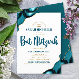 Convite Bat Mitzvah Moderno Simples Turquesa Ágata Script