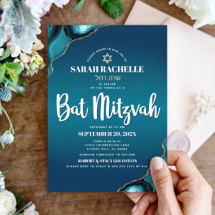 Convite Bat Mitzvah Moderno Turquesa Ombre Ágata Script