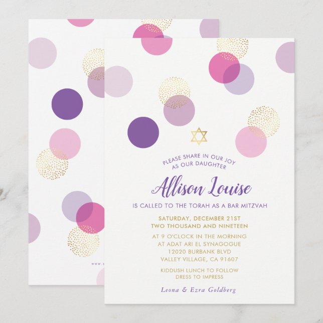 Convite BAT MITZVAH na moda confetti spot gold roxo cor-de (Frente/Verso)