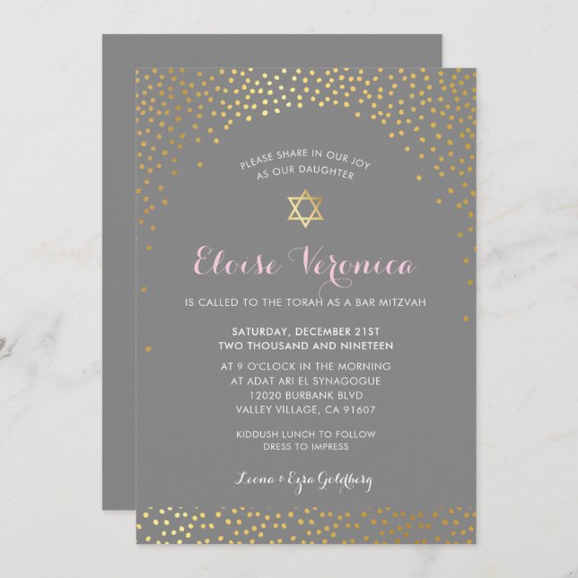 Convite BAT MITZVAH na moda mini confetti spot gold cinza (Frente/Verso)