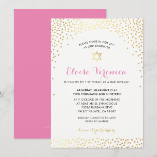Convite BAT MITZVAH na moda mini confetti spot gold rosa