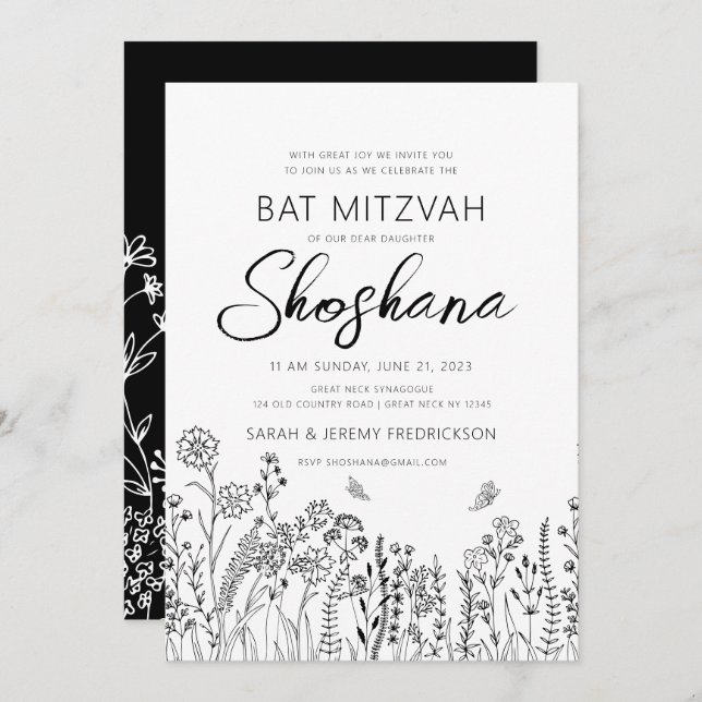 Convite Bat Mitzvah Na moda Script Floral Sketch (Frente/Verso)