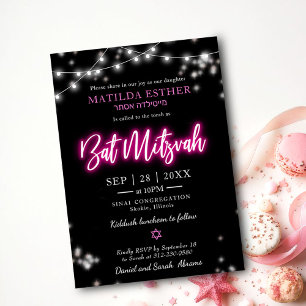 Convite Bat Mitzvah Neon Rosa Choque Tema