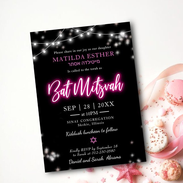 Convite Bat Mitzvah Neon Rosa Choque Tema (Criador carregado)