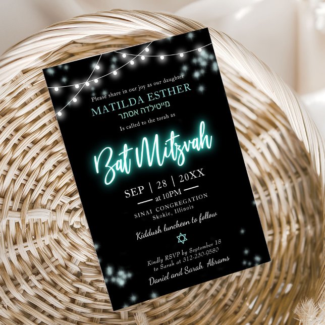 Convite Bat Mitzvah Neon Turquesa Temático (Criador carregado)