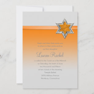 Convite Bat Mitzvah Orange Ombre Ribbon e Star