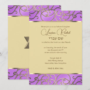 Convite Bat Mitzvah Orquídea Elegante Roxo Dourado Filigra