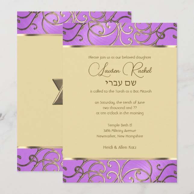 Convite Bat Mitzvah Orquídea Elegante Roxo Dourado Filigra (Frente/Verso)