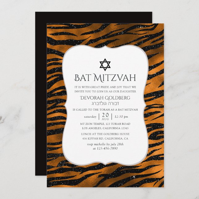 Convite Bat Mitzvah, Padrão de Stripes de Tigre Preto e Co (Frente/Verso)