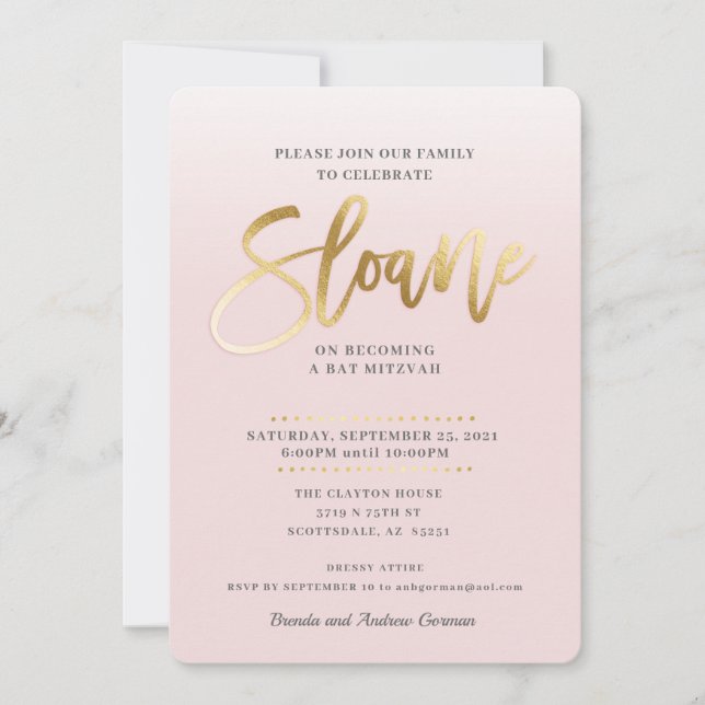 Convite Bat Mitzvah PERSONALIZADO Invite a ESLOANA de ouro (Frente)