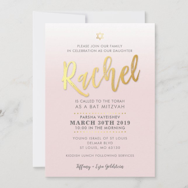 Convite Bat Mitzvah PERSONALIZADO Invite o RACHEL dourado  (Frente)