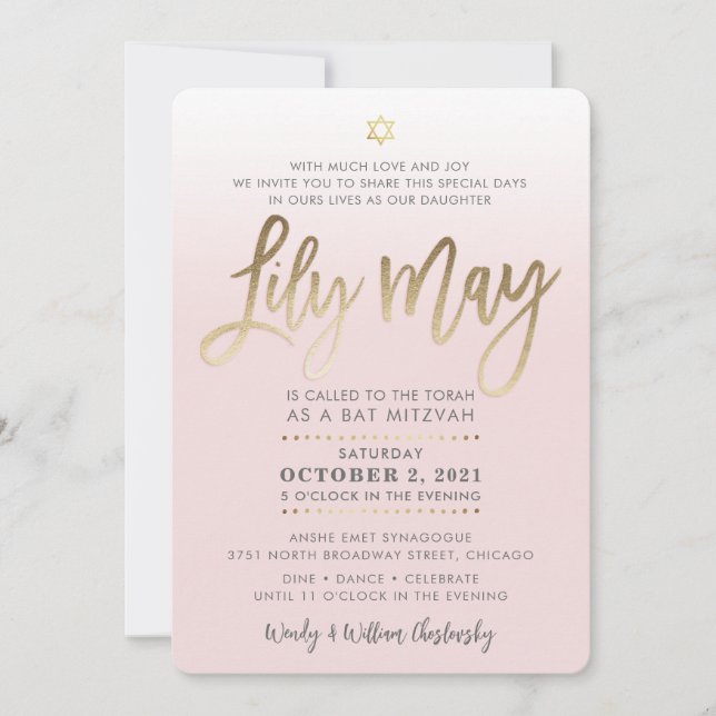 Convite Bat Mitzvah PERSONALIZADO Invite ouro rosa-claro L (Frente)