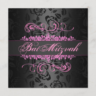 Convite Bat Mitzvah Pink/Black Rosa Swirl Aniversário