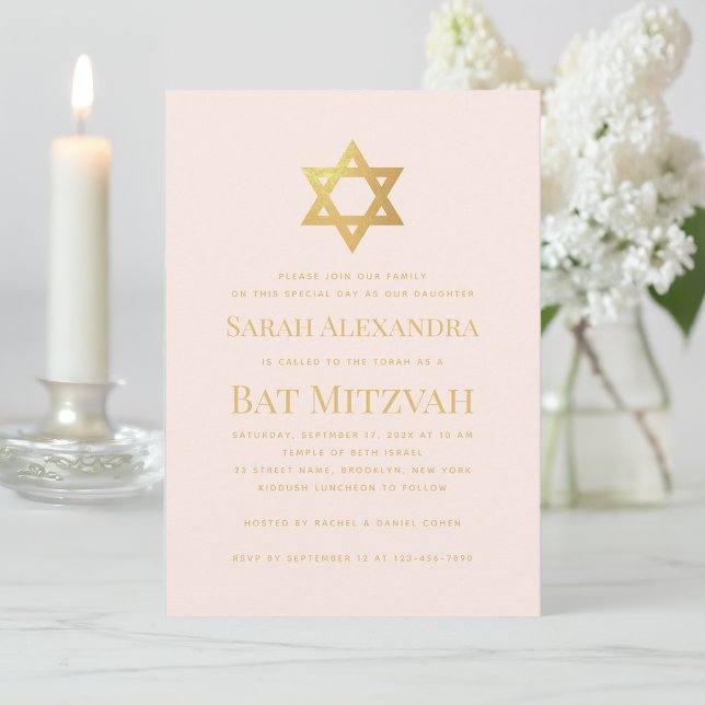 Convite Bat Mitzvah Pink & Faux Gold Star of David Simple  (Criador carregado)