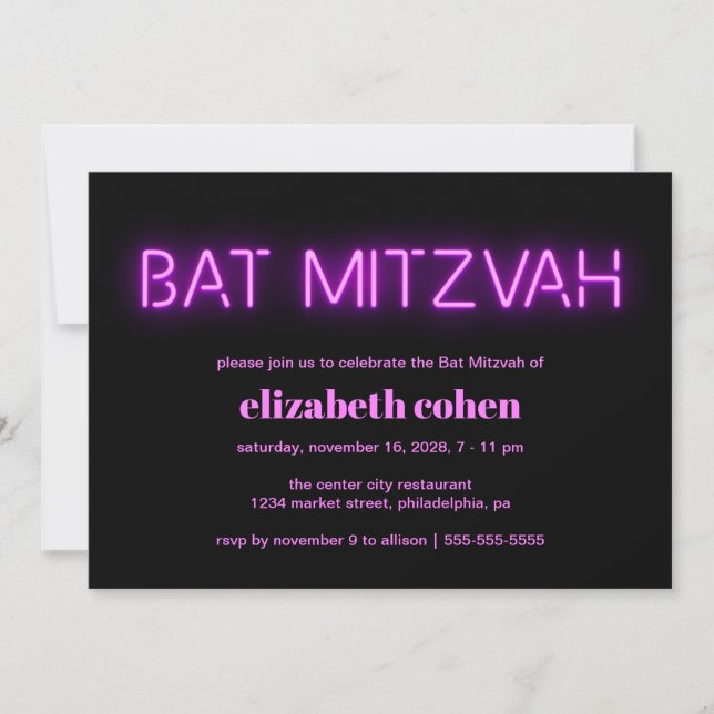 Convite Bat Mitzvah Pink Neon Lights (Frente)