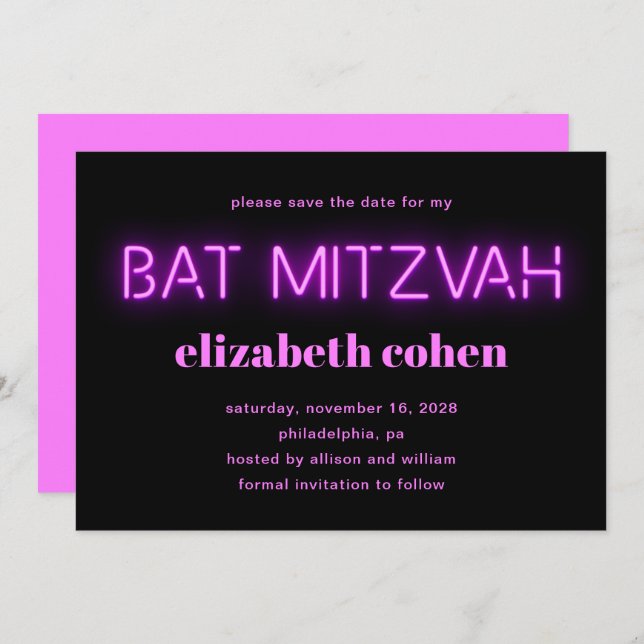 Convite Bat Mitzvah Pink Neon Luzes QR Código Salvar Data (Frente/Verso)