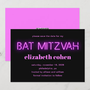 Convite Bat Mitzvah Pink Neon Luzes QR Código Salvar Data