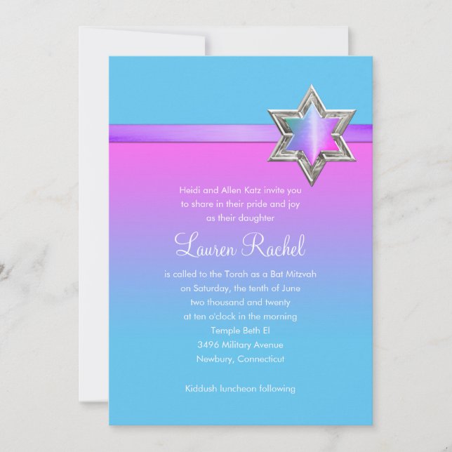 Convite Bat Mitzvah Pink Ombre Ribbon e Star (Frente)