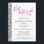 Convite Bat Mitzvah Pink Silver Glitter Modern Hebraico<br><div class="desc">Bat Mitzvah, moderno, brilhante, rosa-quente, preto, e cintilação prateada, convida para a cerimônia moderna e o almoço com espaço para um nome hebraico e para os detalhes tradicionais de convites judeus. O fundo é uma imagem impressa plana da textura brilhante, NÃO é uma verdadeira reluzente - sem confusão, mas ainda...</div>