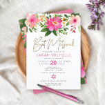 Convite Bat Mitzvah Pink Watercolor Script Dourado Floral<br><div class="desc">Tenha orgulho, alegria e mostre este marco do seu Bat Mitzvah favorito com este sofisticado e personalizado convite! Uma aquarela floral chica, atordoante, rosa e pêssego com uma tipografia falsa de folha de ouro e rosa de cinza e serifa poeirenta moderna sobrepõem um fundo branco. Flores aquarelas adicionais e uma...</div>