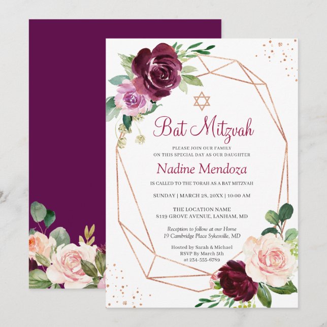 Convite Bat Mitzvah | Plum Purple Floral Rosa Geométrico (Frente/Verso)