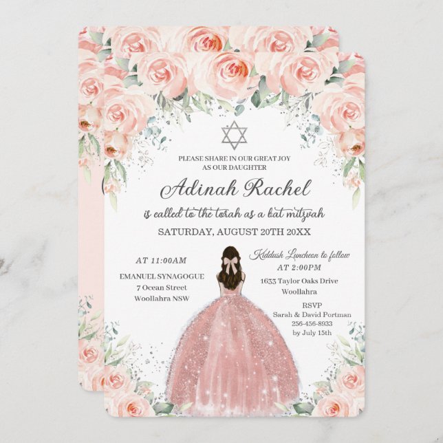 Convite Bat Mitzvah Princess Blush Rosas Florais Prata (Frente/Verso)