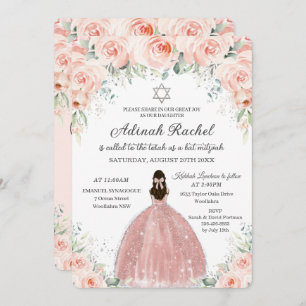 Convite Bat Mitzvah Princess Blush Rosas Florais Prata