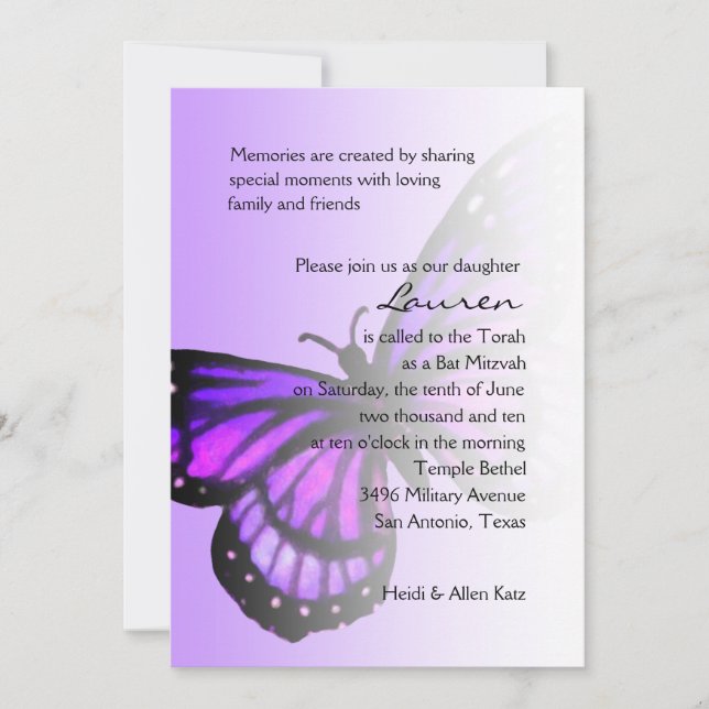 Convite Bat Mitzvah Purple Butterfly Ombre (Frente)