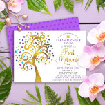 Convite Bat Mitzvah Purple Gold Foil Script Tree da Vida<br><div class="desc">Tenha orgulho, alegria e mostre este marco do seu Bat Mitzvah favorito! Esta folha de ouro falso gráfica com tartaruga cintilante, teal, roxo e azul Estrela de David e "folhas" de ponto em fundo branco é o convite perfeito para esta ocasião especial. Uma pequena estrela roxa escura de padrão David...</div>