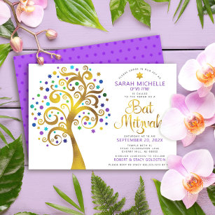 Convite Bat Mitzvah Purple Gold Foil Script Tree da Vida