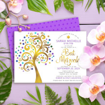 Bat Mitzvah Purple Gold Foil Script Tree da Vida