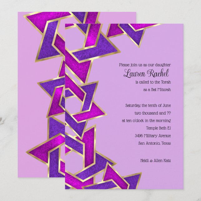 Convite Bat Mitzvah Purple Pink Star: David Invitat (Frente/Verso)