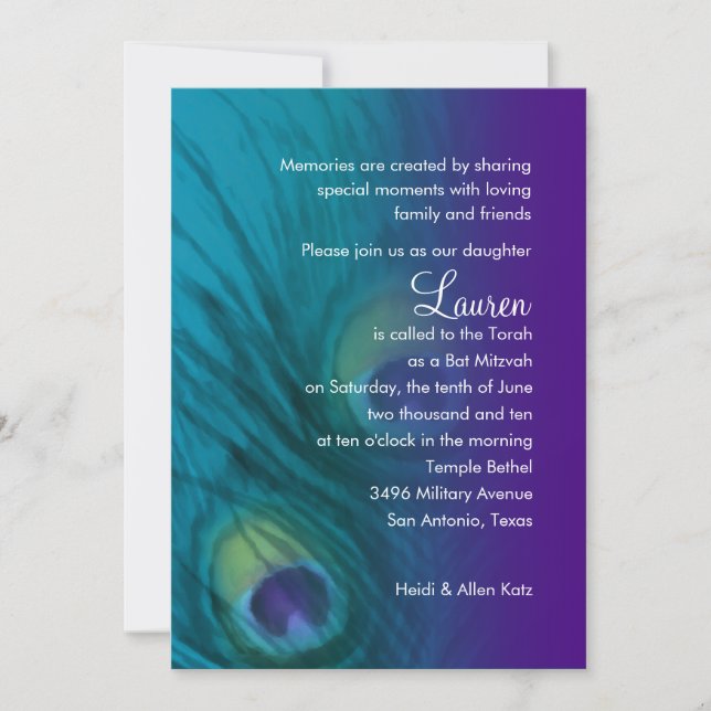 Convite Bat Mitzvah Purple Teal Peacock (Frente)