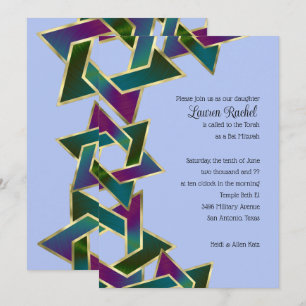 Convite Bat Mitzvah Purple Teal Star de David a Qualquer C